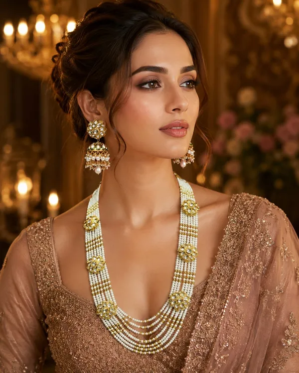 White_Kundan_Pearl_Five-Strand_Long_Necklace_Set_For_Women