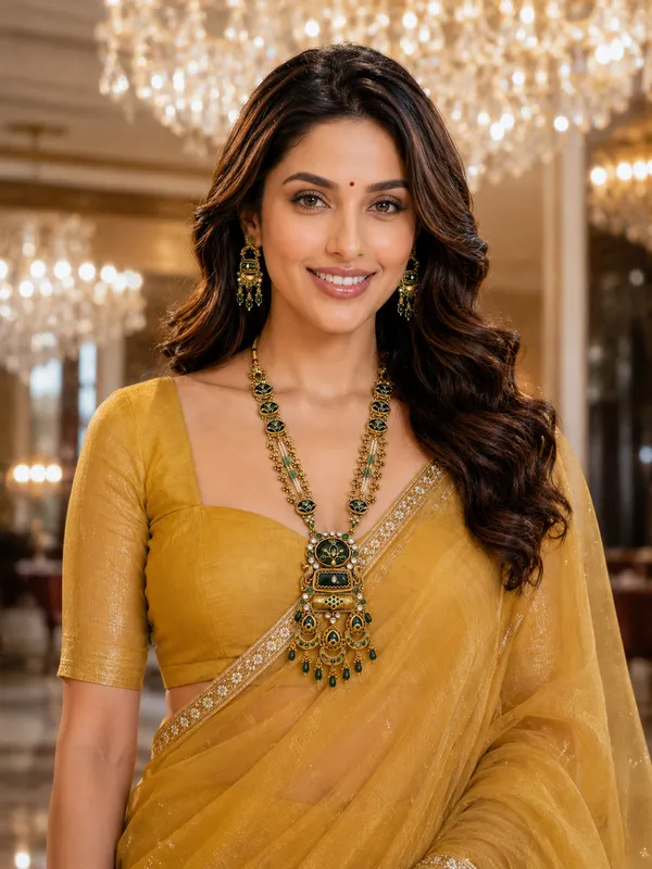 Green_Meenakari_Antique_Gold_Floral_Long_Haaram_Necklace_Set_For_Women