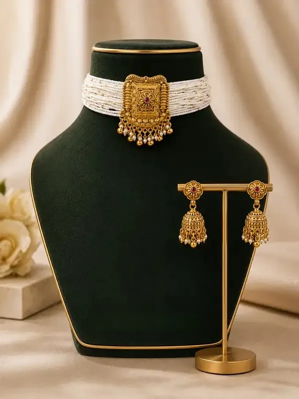 Antique_Gold_Pearl_Gold-Plated_Multi-Strand_Choker_Set_For_Women