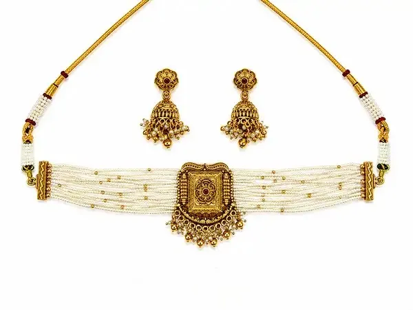 Antique_Gold_Pearl_Gold-Plated_Multi-Strand_Choker_Set_For_Women