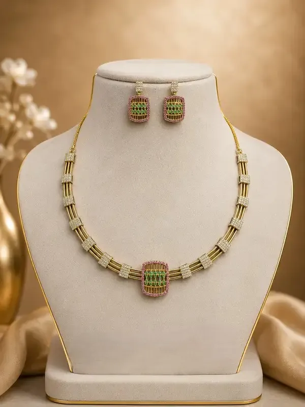 Jade_Green_Cz_Diamond_Rectangular_Pendant_Necklace_Set_For_Women