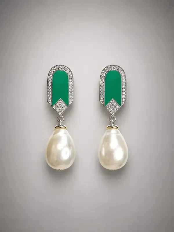 Green_Enamel_Cz_Pearl_Drop_Earrings_For_Women