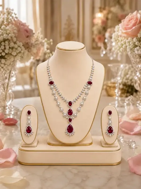 Red_Cz_Ruby_Pearl_Silver-Tone_Necklace_Set_For_Women