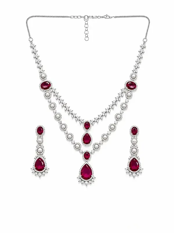 Red_Cz_Ruby_Pearl_Silver-Tone_Necklace_Set_For_Women
