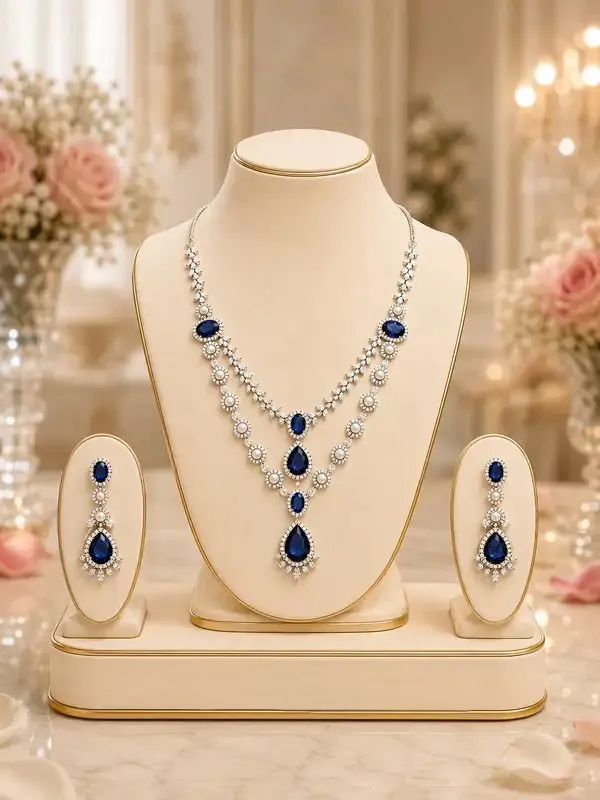Blue_Cz_Sapphire_Pearl_Silver-Tone_Necklace_Set_For_Women