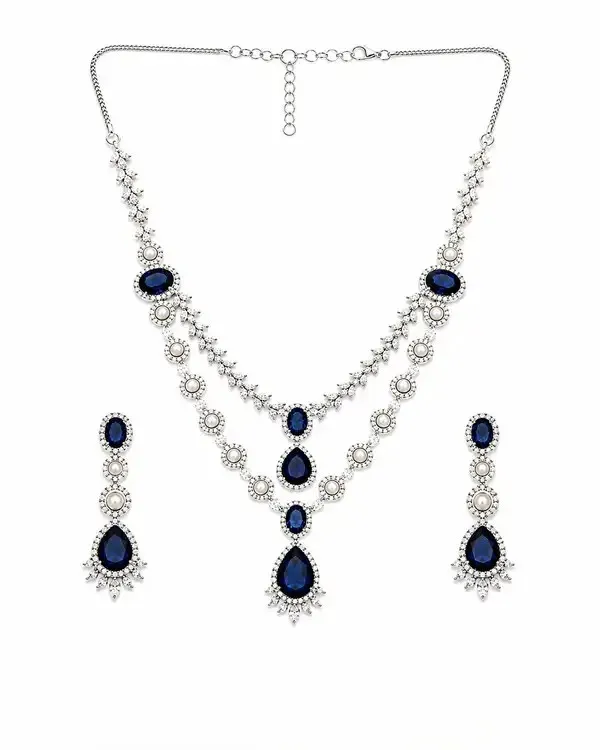 Blue_Cz_Sapphire_Pearl_Silver-Tone_Necklace_Set_For_Women
