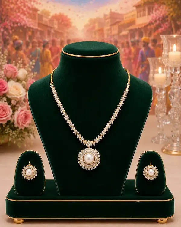 White_Gold-Plated_Pearl_Cz_Diamond_Cluster_Necklace_Set_For_Women