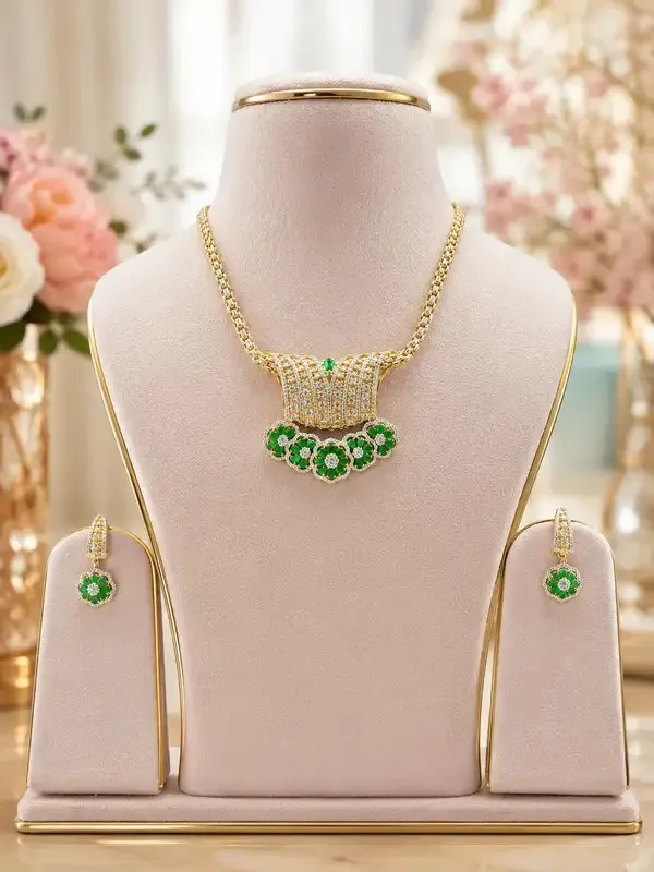 Green_Gold-Plated_Cz_Emerald_Floral_Necklace_Set_For_Women