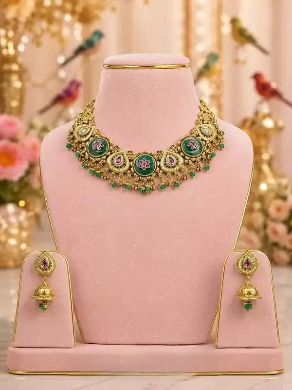 Gold-Plated_Kundan_Emerald_Floral_Bead_Necklace_Set_For_Women