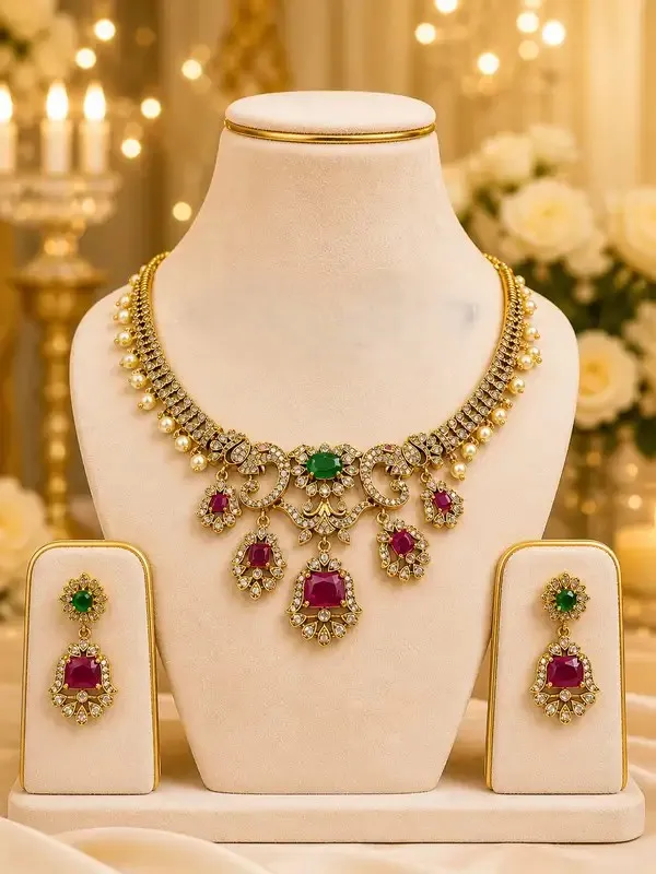 Green_Emerald_Ruby_Pearl_Antique_Polki_Necklace_Set_For_Women