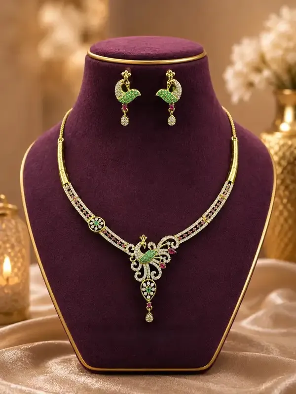 Green_Gold-Plated_Peacock_Cz_Necklace_Set_For_Women