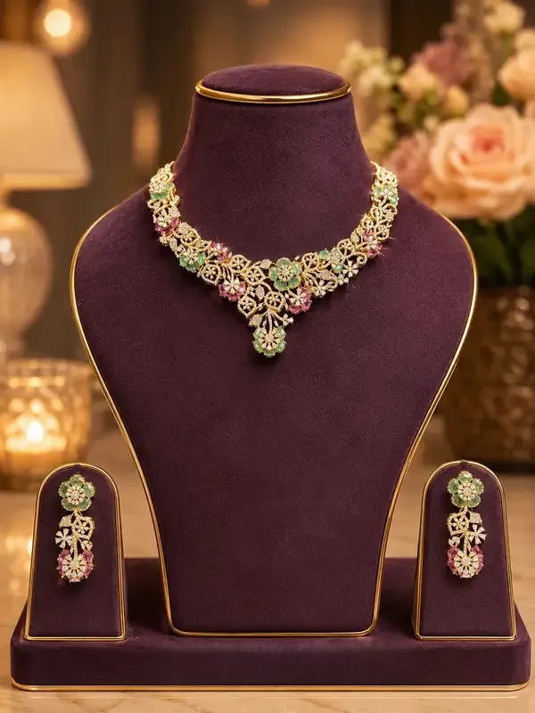 Gold_Gold-Plated_Emerald_Ruby_Floral_Lattice_Necklace_Set_For_Women