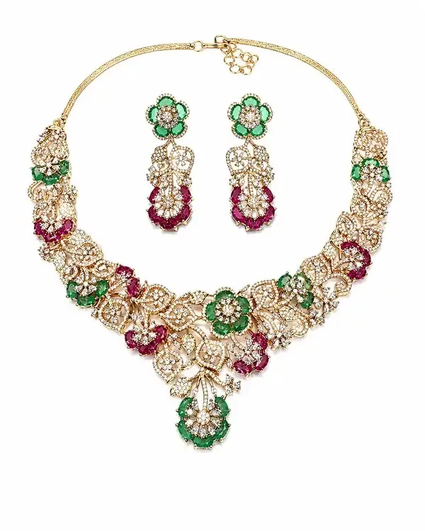Gold_Gold-Plated_Emerald_Ruby_Floral_Lattice_Necklace_Set_For_Women