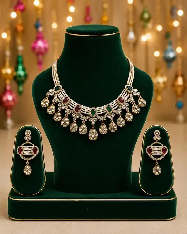 Multicolor_Gold-Plated_Pearl_Emerald_Ruby_Necklace_Set_For_Women