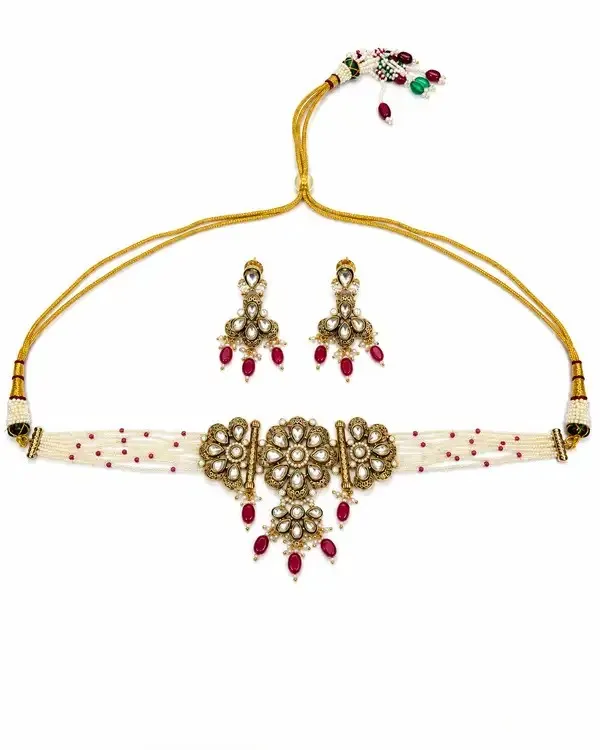 Pearl_White_Polki_Pearl_Antique_Gold_Floral_Choker_Set_For_Women