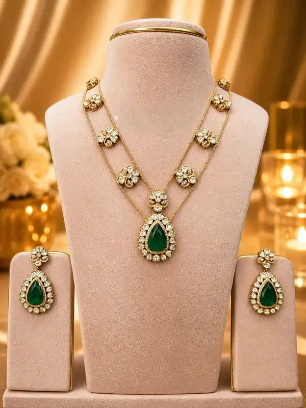 Green_Kundan_Emerald_Polki_Double_Layer_Necklace_Earring_Set_For_Women