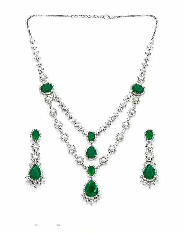 Green_Brass_Cz_Emerald_Double_Layer_Necklace_Set_For_Women