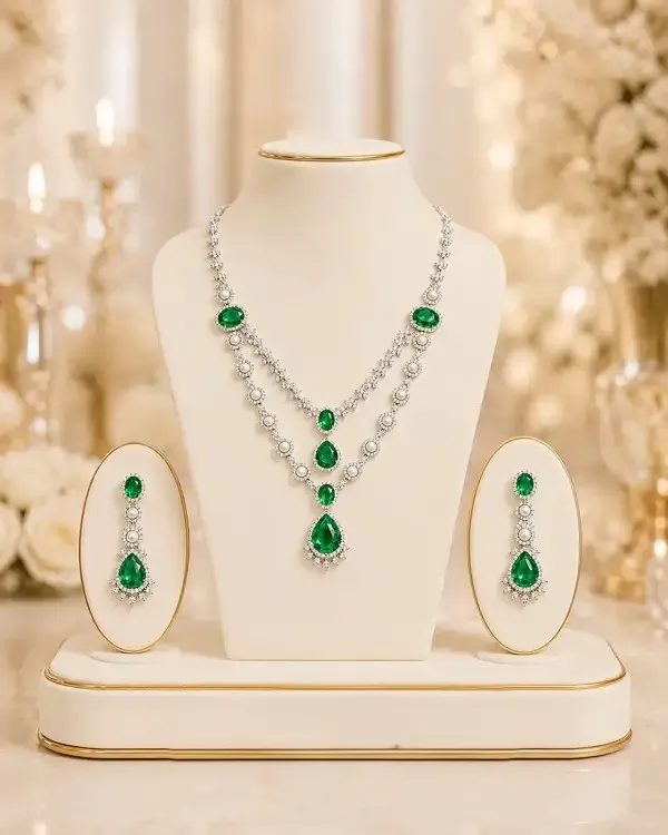 Green_Brass_Cz_Emerald_Double_Layer_Necklace_Set_For_Women