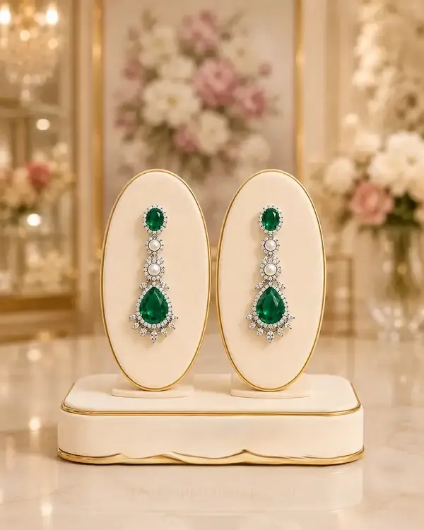 Green_Brass_Cz_Emerald_Double_Layer_Necklace_Set_For_Women