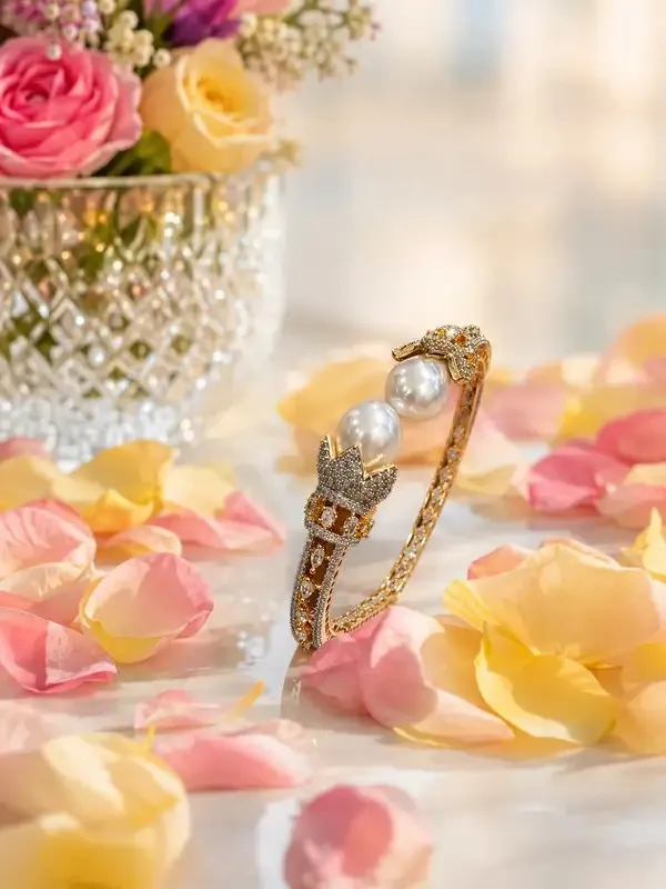 Golden_Pearl_Crown_Cz_Pavé_Gold-Tone_Cuff_Bracelet_For_Women