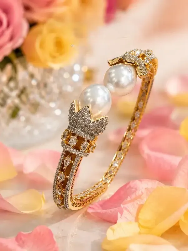 Golden_Pearl_Crown_Cz_Pavé_Gold-Tone_Cuff_Bracelet_For_Women