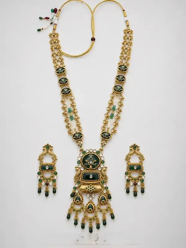 Green_Meenakari_Antique_Gold_Floral_Long_Haaram_Necklace_Set_For_Women