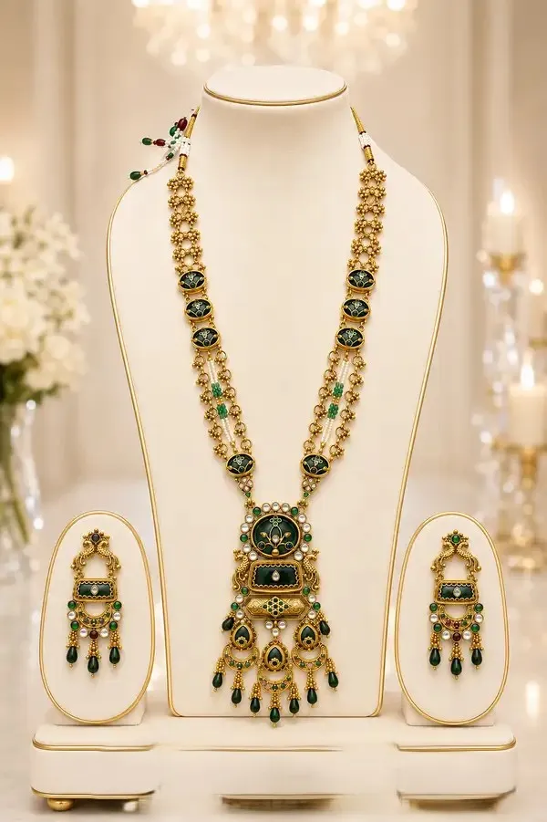 Green_Meenakari_Antique_Gold_Floral_Long_Haaram_Necklace_Set_For_Women