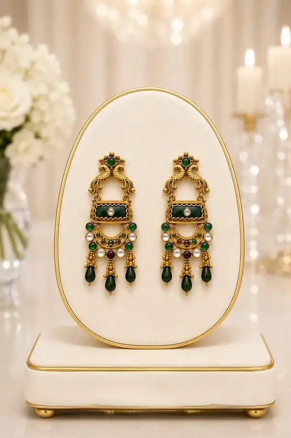 Green_Meenakari_Antique_Gold_Floral_Long_Haaram_Necklace_Set_For_Women