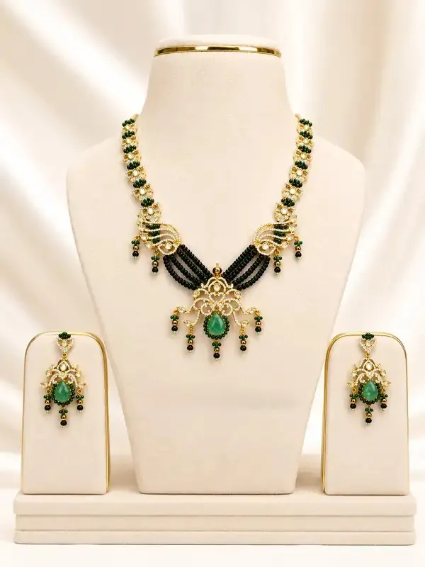 Green_Kundan_Black_Bead_Jade_Teardrop_Necklace_Set_For_Women