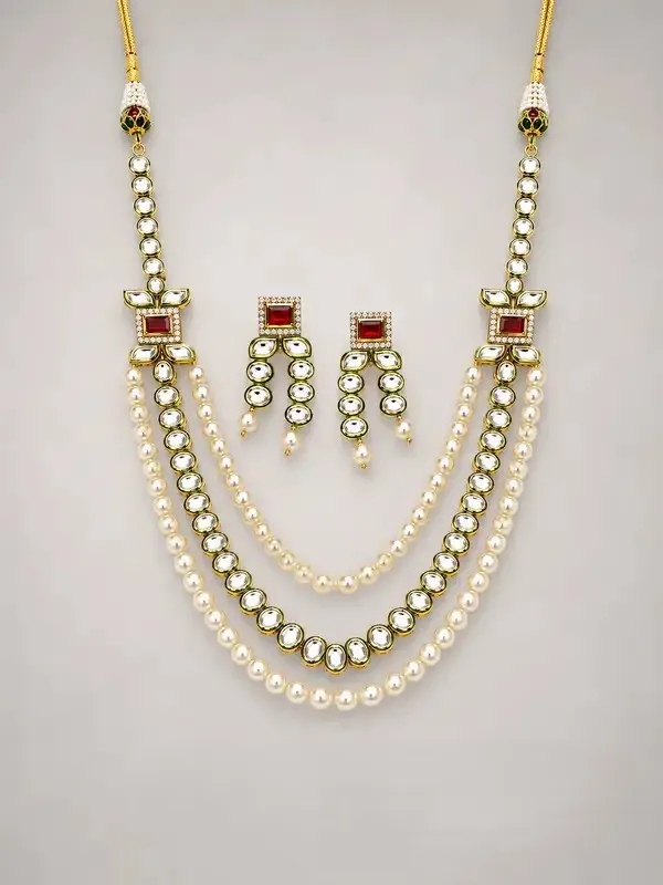 White_Gold-Plated_Kundan_Polki_Ruby_Pearl_Layered_Necklace_Set_For_Women