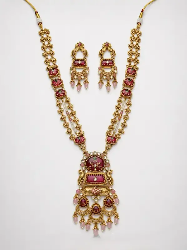 Rose_Gold_Brass_Meenakari_Antique_Long_Haaram_Necklace_Set_For_Women