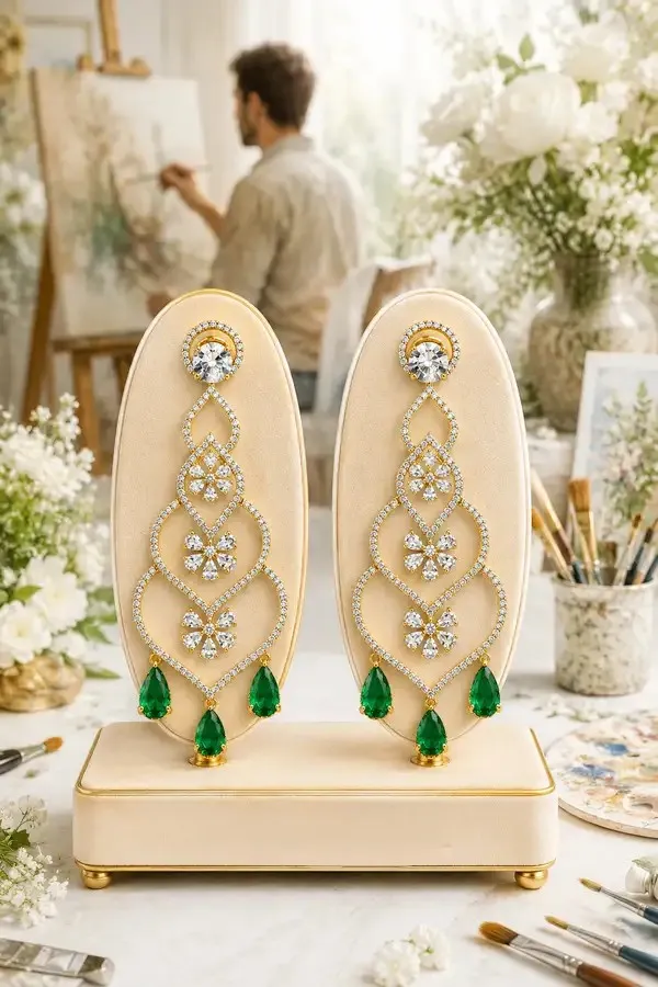 Green_Cz_Diamond_Gold-Tone_Chandelier_Earrings_For_Women