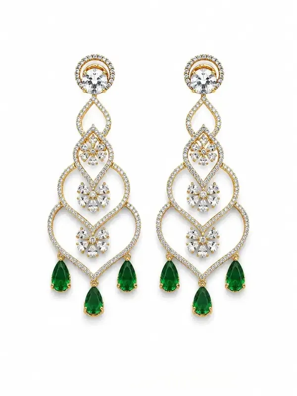 Green_Cz_Diamond_Gold-Tone_Chandelier_Earrings_For_Women