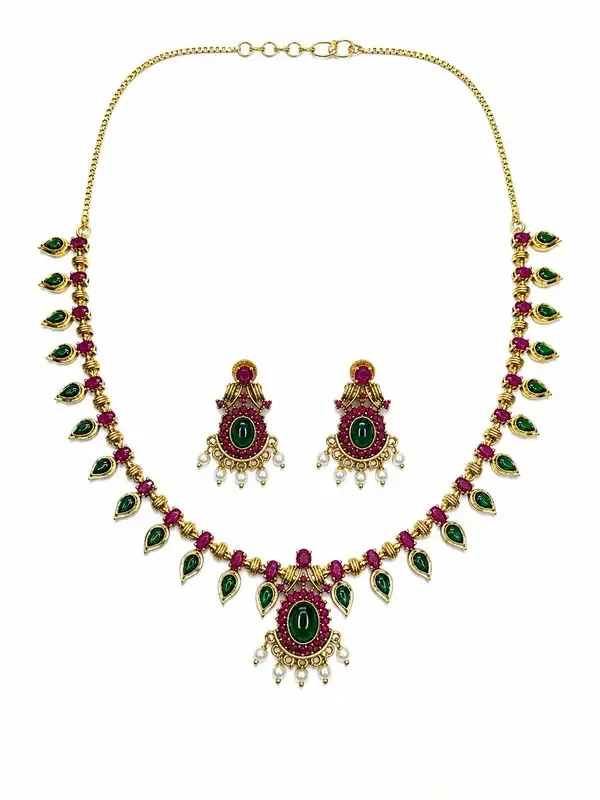 Green_Gold-Plated_Ruby_Emerald_Leaf_Pearl_Drop_Necklace_Set_For_Women