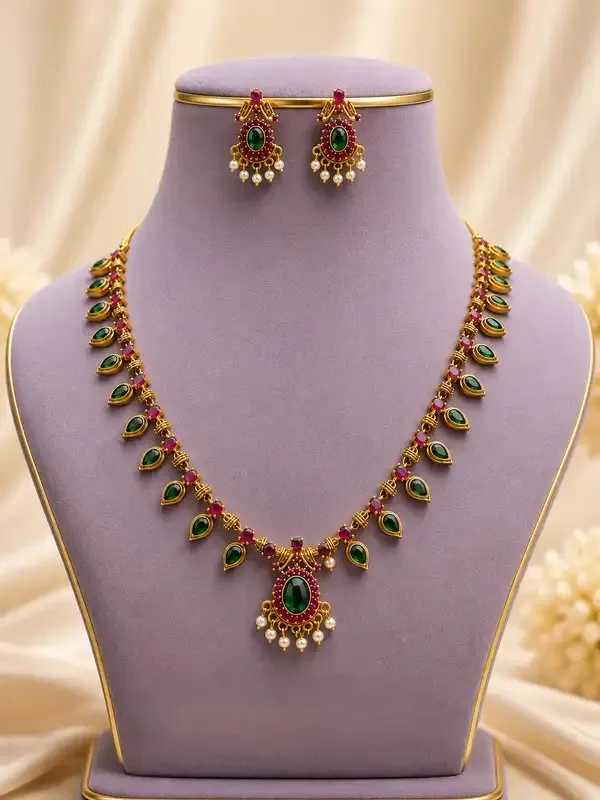 Green_Gold-Plated_Ruby_Emerald_Leaf_Pearl_Drop_Necklace_Set_For_Women