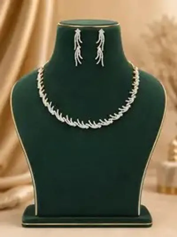 Silver_Gold_Cz_Diamond_Feather_Wave_Necklace_Set_For_Women