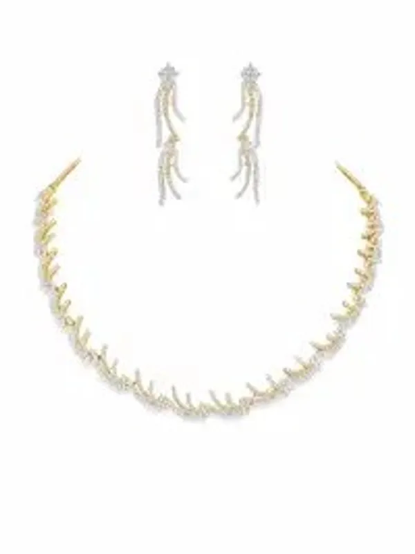 Silver_Gold_Cz_Diamond_Feather_Wave_Necklace_Set_For_Women