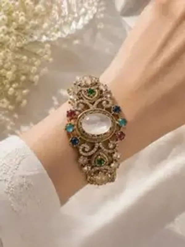 Multicolor_Gold-Plated_Navratna_Moonstone_Cuff_Bracelet_For_Women
