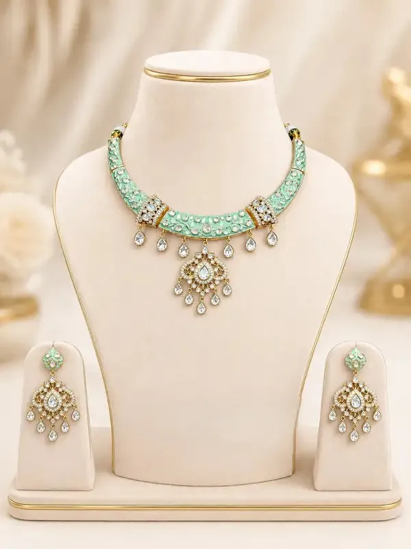 Mint_Green_Meenakari_Polki_Cz_Crescent_Hasli_Necklace_Set_For_Women