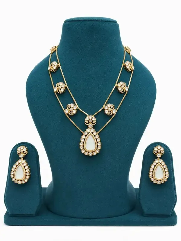Pearlescent_White_Polki_Moonstone_Double_Layer_Necklace_Earring_Set_For_Women