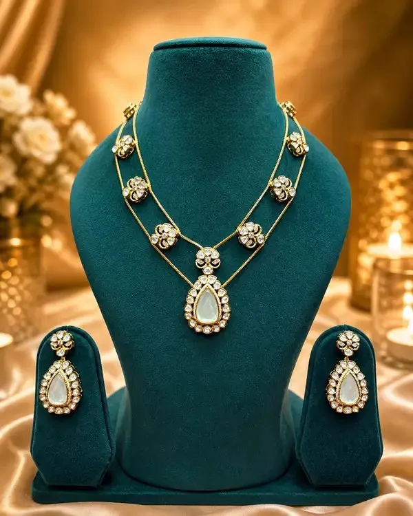 Pearlescent_White_Polki_Moonstone_Double_Layer_Necklace_Earring_Set_For_Women