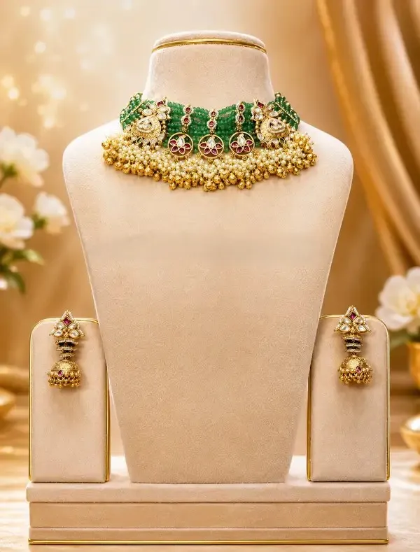 Green_Kundan_Polki_Emerald_Bead_Choker_Set_For_Women
