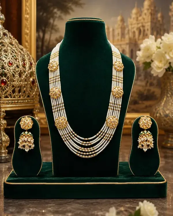 White_Kundan_Pearl_Five-Strand_Long_Necklace_Set_For_Women