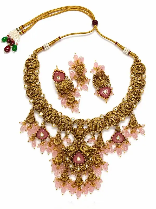 Pink_Brass_Rose_Quartz_Antique_Temple_Necklace_Set_For_Women