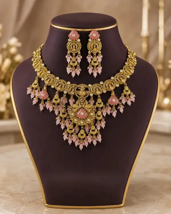 Pink_Brass_Rose_Quartz_Antique_Temple_Necklace_Set_For_Women