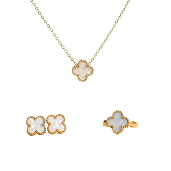 White_And_Gold_Stainless_Steel_Clover_Necklace_Earring_Set_For_Women