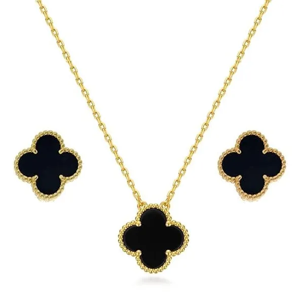 Black_And_Gold_Stainless_Steel_Clover_Pendant_Necklace_Earring_Set_For_Women