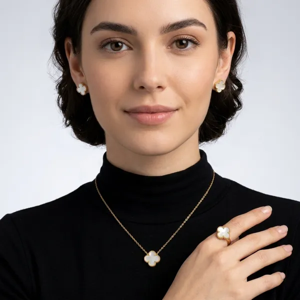 White_And_Gold_Stainless_Steel_Clover_Necklace_Earring_Set_For_Women