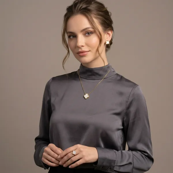 White_And_Gold_Stainless_Steel_Clover_Necklace_Earring_Set_For_Women
