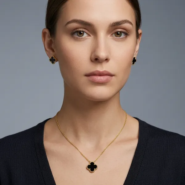 Black_And_Gold_Stainless_Steel_Clover_Pendant_Necklace_Earring_Set_For_Women